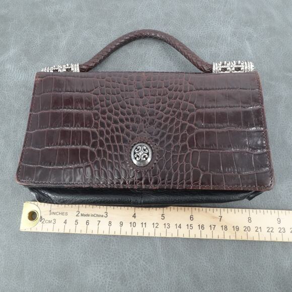 Brighton Handbag Womens Croc Embossed Brown Leather Braided Top Strap Purse - Picture 12 of 16
